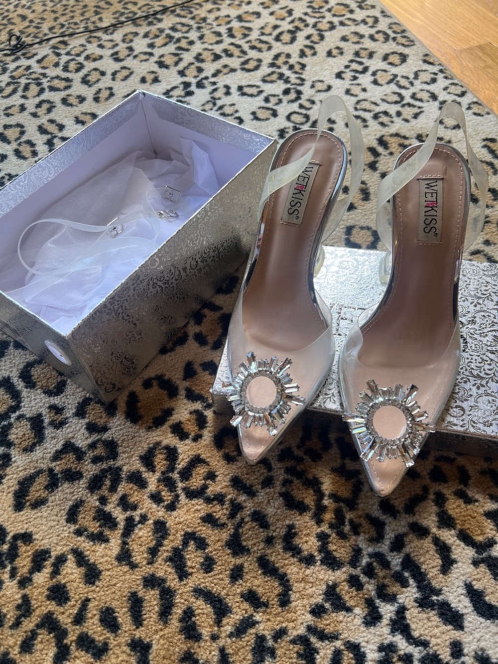 WETKISS Silver Pointed Slingback Heels with Crystal Sunburst